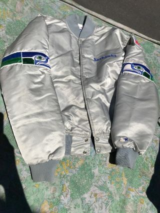 Vintage 80s Starter Seattle Seahawks Satin Silver Gray Jacket Usa Made Rare Xl