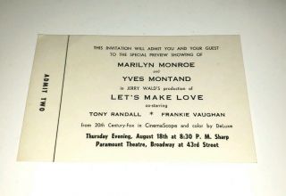 Vintage 20th Century Fox Movie Promo 8 1960 Lets Make Love Ticket Marilyn Monroe