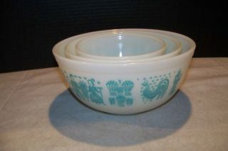 Vintage Pyrex Cinderella Mixing Bowl Set 3 Amish Butterprint White W Turquoise