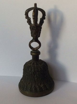 Antique Vintage Brass Hindu Figural deity Bust Script Hand Temple Bell 2