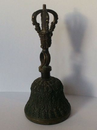 Antique Vintage Brass Hindu Figural deity Bust Script Hand Temple Bell 3