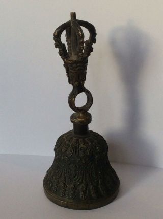 Antique Vintage Brass Hindu Figural deity Bust Script Hand Temple Bell 4