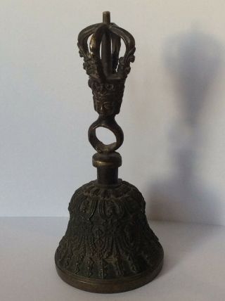 Antique Vintage Brass Hindu Figural deity Bust Script Hand Temple Bell 5