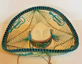 True Vintage Mariachi Sombrero Blue & Cream W Embroidered Guitars & Sequins