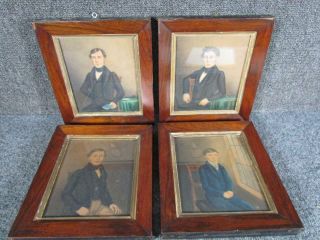 4 Antique Mid 1800s Miniature Folk Art Portrait Paintings Of Young Family Member