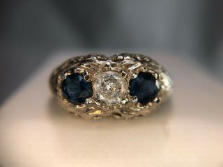 Vintage Art Deco 14k White Gold Round Diamond Blue Sapphire Three Stone Ring