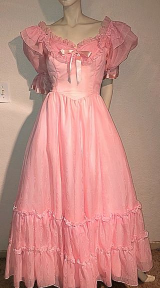 Vtg GUNNE SAX Jessica McClintock Pink Lace Prom Ball Gown Dress Off Shoulder 4
