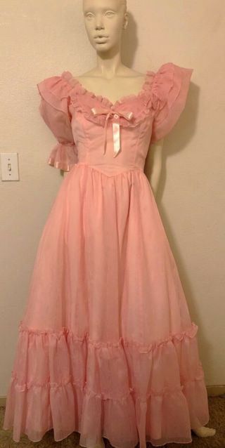 Vtg GUNNE SAX Jessica McClintock Pink Lace Prom Ball Gown Dress Off Shoulder 6