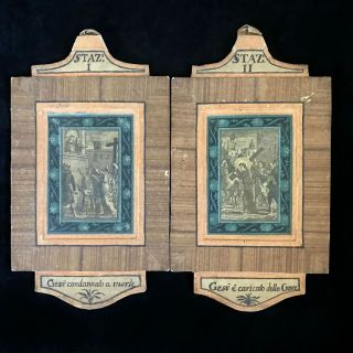 Antique Italian Stations of the Cross Set,  14 Hand Colored Engravings,  1700s 2