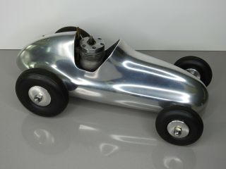 Vintage Aluminum 12 " Tether Car W/ Dooling 29 Engine Front Wheel Drive Race Car