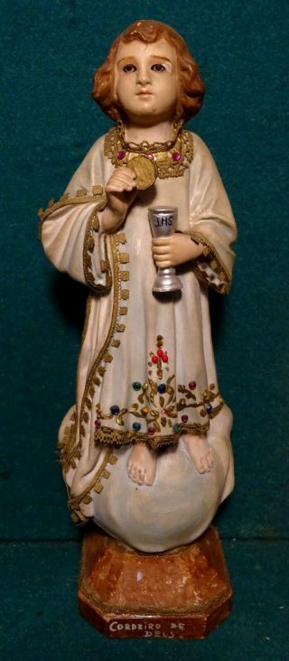 Infant Jesus W/ Holy Host " Lamb Of God " Vtg 1950s 11.  26 " Chalkware Figure Statue