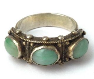 Vintage Ring Jade Stone Cabochons Silver Tone Metal Hobnail Jewelry Size 7