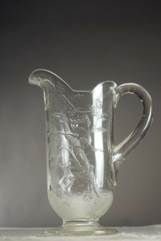 Vintage Antique Eapg Pressed Glass Pitcher - Dog Chasing A Cat Up A Tree 9.  75 "