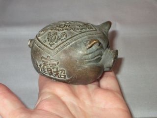 Old Chinese Bronze Pig Statue With Contents Inside Xuande Mark Bats Patina