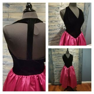 Vtg 80s Party Prom Gunne Sax Black Velvet Halter Pink Taffeta Dress Small