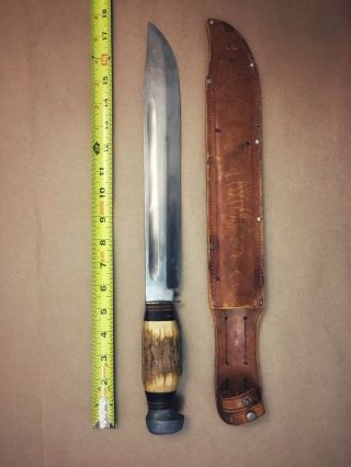Huge Vintage Solingen Hunting/bowie Knife,  12.  5” In.  Blade Stag Handle,  Sheath