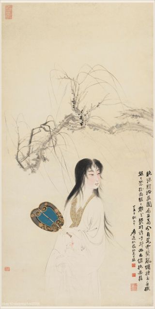 Chinese Old Scroll Painting Beauty Taking A Breeze At Night By Zhang Daqian