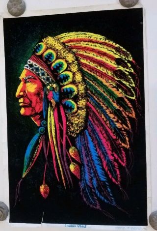Rare Vintage 1972 Indian Chief Native American Indian Black Light Velvet Poster