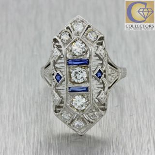 1920s Antique Art Deco Solid Platinum.  60ctw Diamond Sapphire Cocktail Ring