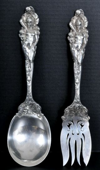 Antique American Art Nouveau Love Disarmed Sterling silver serving spoon fork 4