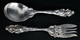 Antique American Art Nouveau Love Disarmed Sterling silver serving spoon fork 6