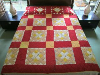 Vintage Antique Turkey Red & Cheddar Chimney Sweep Feed Sack Hand Sewn Quilt