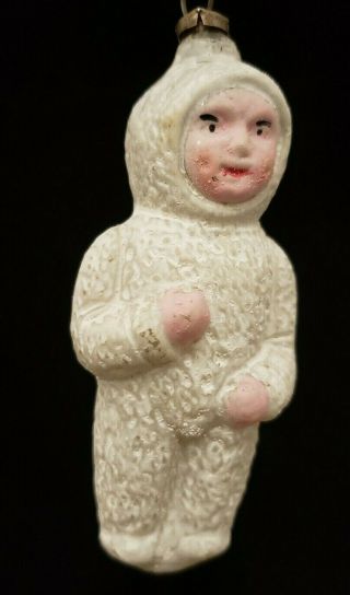 Vintage 1920 ' s Child in Snow Suit Flesh Face Glass Ornament 2