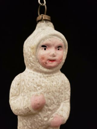 Vintage 1920 ' s Child in Snow Suit Flesh Face Glass Ornament 3