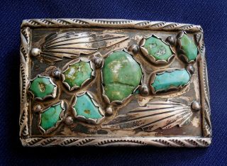 Zuni Angie Calavaza Sterling Silver 8 Turquoise Mans Vintage Buckle 72.  9 Grams