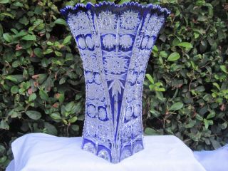 Vintage Bohemia Cobalt Blue Queen Lace Hand Cut Six Sided Crystal Vase 11 " Nib