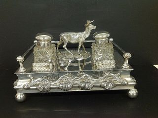 Nineteenth Century Silver Plated Pen / Desk Stand With Inkwells & Stag Figure