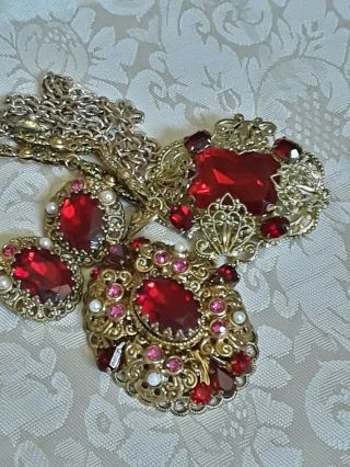 Mom ' s Estate Vintage Red Rhinestone Filagree Necklace Earrings Brooch Set W.  Germ 3