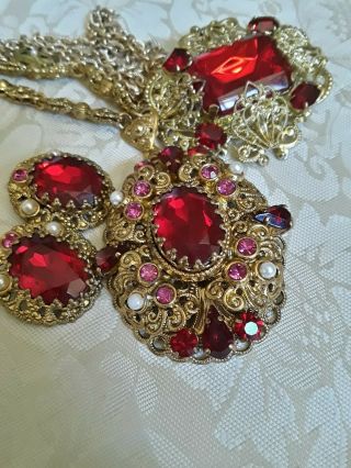 Mom ' s Estate Vintage Red Rhinestone Filagree Necklace Earrings Brooch Set W.  Germ 4
