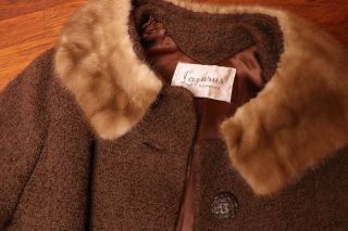 Vintage Size L Brown Wool Coat Real Fur Trim High End 50s 60s Mink Collar Swing