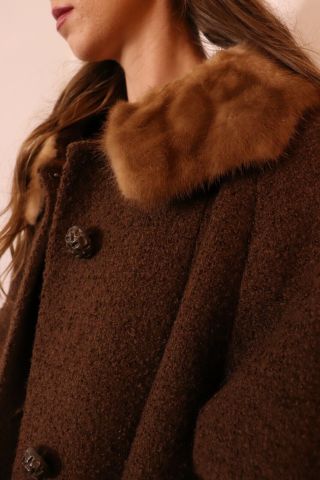 Vintage Size L Brown Wool Coat Real Fur Trim High End 50s 60s Mink Collar Swing 2