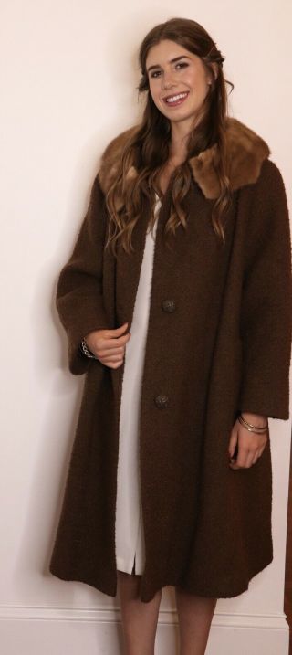 Vintage Size L Brown Wool Coat Real Fur Trim High End 50s 60s Mink Collar Swing 3