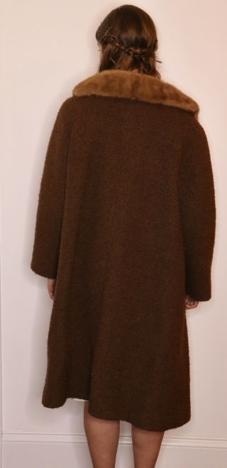 Vintage Size L Brown Wool Coat Real Fur Trim High End 50s 60s Mink Collar Swing 4
