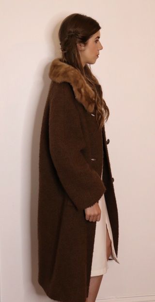 Vintage Size L Brown Wool Coat Real Fur Trim High End 50s 60s Mink Collar Swing 5