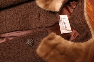 Vintage Size L Brown Wool Coat Real Fur Trim High End 50s 60s Mink Collar Swing 6