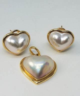 Vintage 14k 585 Yellow Gold Heart Mabe Pearl Omega Back Earrings & Pendant