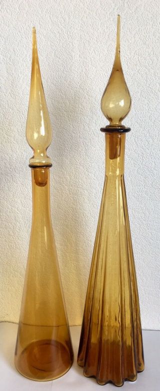 Retro Mcm Amber/yellow Art Glass Genie Bottle Empoli Vintage Decanters