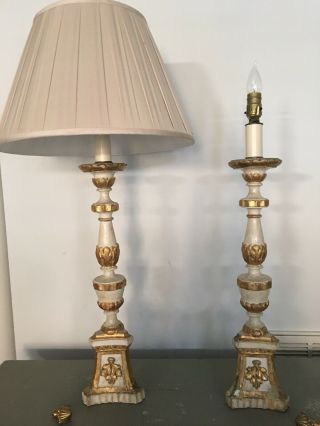 Pair Antique French Painted & Giltwood Altarsticks Into Lamps