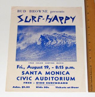 Vintage 1960 Bud Browne Surf Happy Rare Surfing Movie Poster Flyer