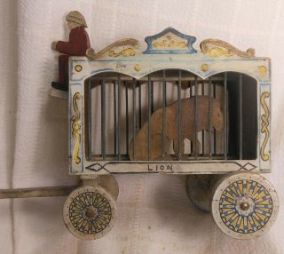 Great Antique Vintage Handmade,  Folk Art Painted Circus Wagon With Lion Toy