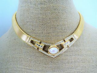 Vintage " Christian Dior " Rhinestone Faux Pearl Gold Plated Omega Collar Necklace