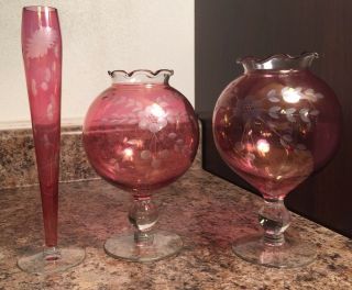 Stunning Vintage Bohemian Etched Flowers Cranberry Pink Glass Vase & Goblets Wow