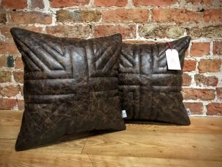 Dark Brown Vintage Leather & Harris Tweed Union Jack Cushions 17” X 17”