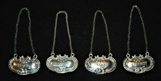Set Of 4 Vintage Wallace Solid Sterling Silver Decanter Label Tags Liquor & Wine