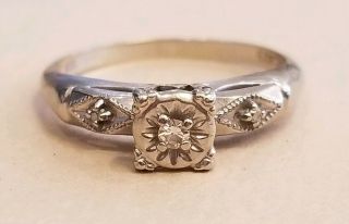 Vtg Art Deco Antique 14k Solid White Gold Diamond Engagement Ring Size 6,  1.  8gr