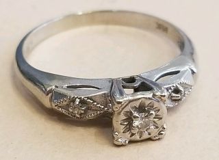 Vtg Art Deco Antique 14K Solid White Gold Diamond Engagement Ring Size 6,  1.  8gr 2